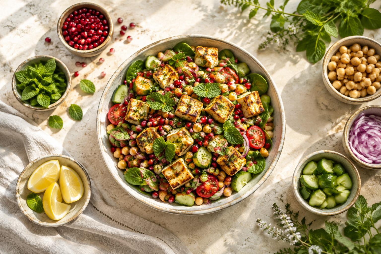 Paneer and chickpea salad bowl