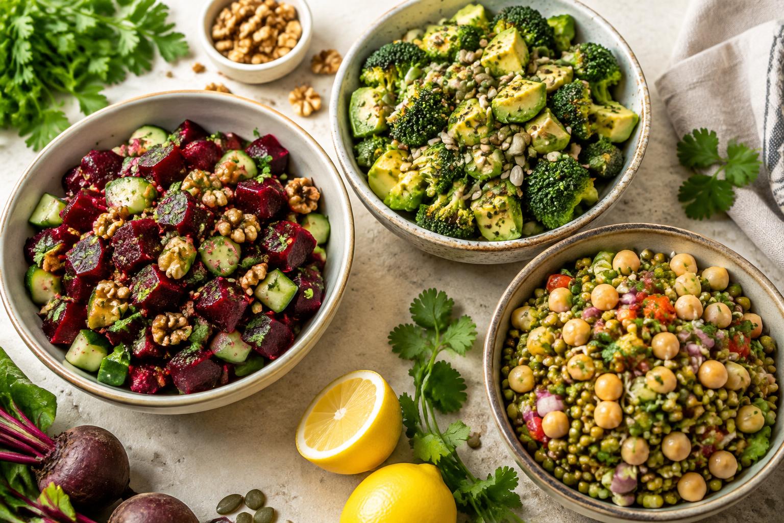 Three colorful salads with beetroot, broccoli and chickpeas